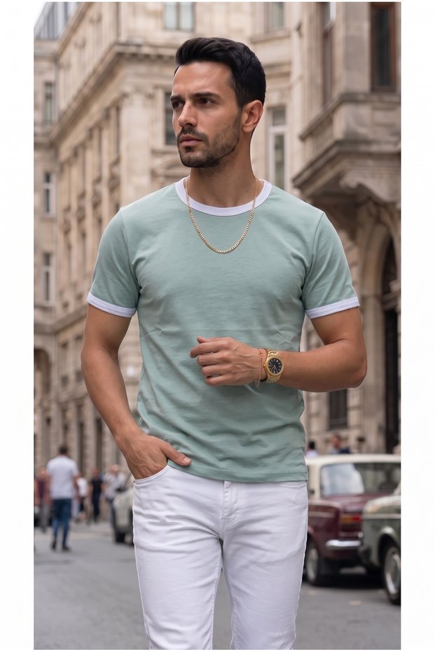 Men's Colorful T-Shirt with Crew Neck and Sleeve Trim Regular T-Shirt