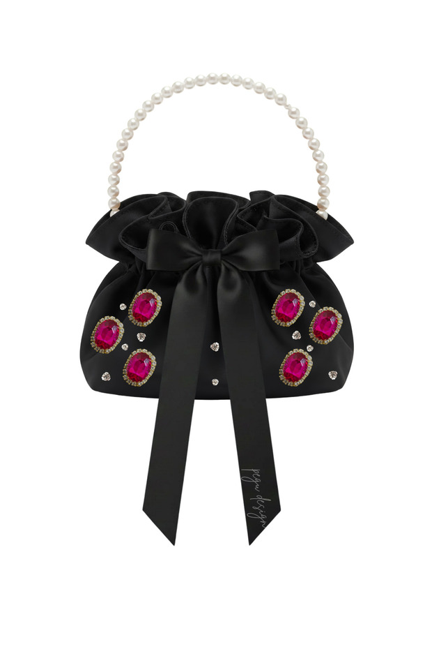 Black Cotton Satin Bag, Black Satin with Crystal Glass Stone Decorations and Pearl Handle, for Daily Use / Evening Wear