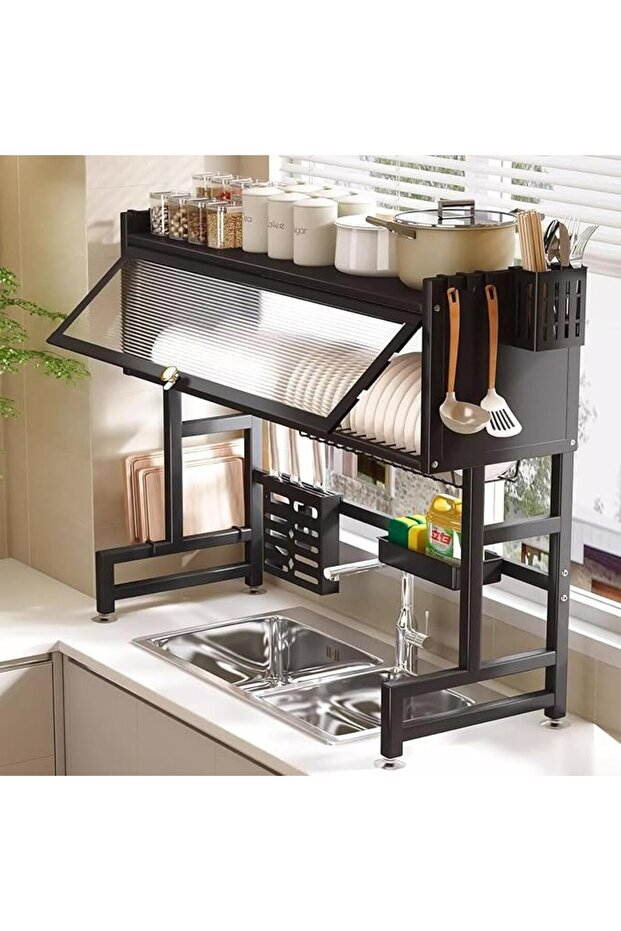Over The Sink Dish Drying Rack, 3 Tier kitchen Drainer Drying Rack with Cover, Space Saving