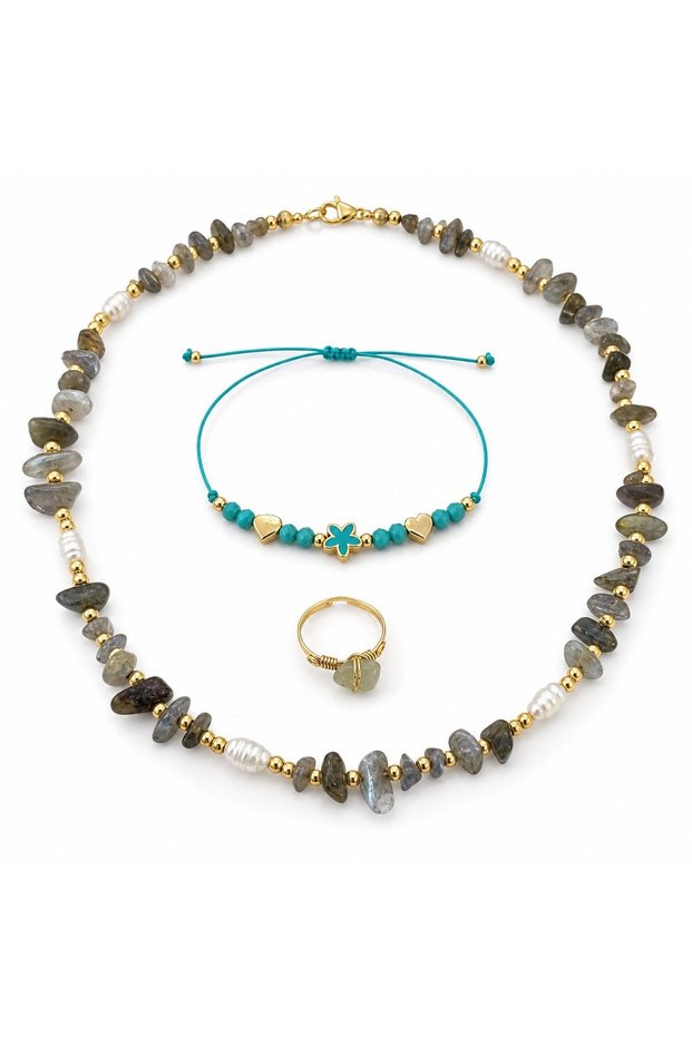 3-Piece Women's Jewelry Set with Natural Labradorite Stone – Necklace, Turquoise Rope Bracelet, and Adjustable Ring