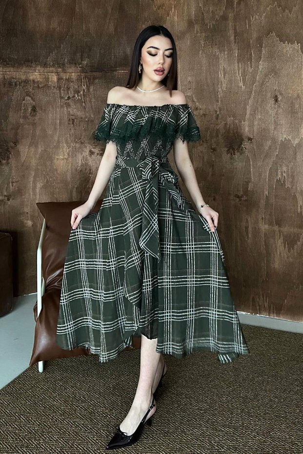 Women's Khaki Plaid Carmen Collar Lace Detailed Belted Midi A-Line Dress