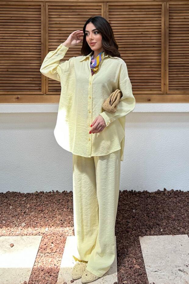 Women's Yellow Top and Bottom Set Shirt Pants Two-Piece Set Buttoned Wide Leg Long Sleeve