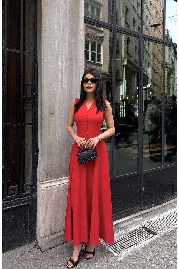 Women's Red - Red V-Neck Buttoned Sleeveless Maxi Length Atlas Dress with Cover Detail