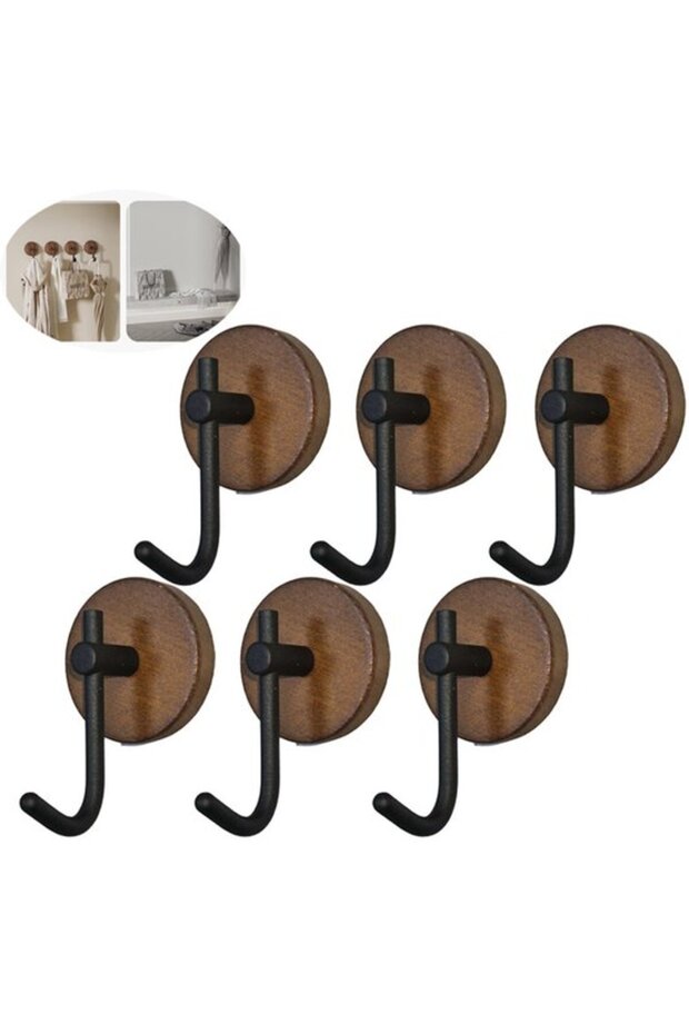 Self-Adhesive Wooden Wall Hooks, rustic dark walnut, wall decor for towels, keys, hats, coats, bags