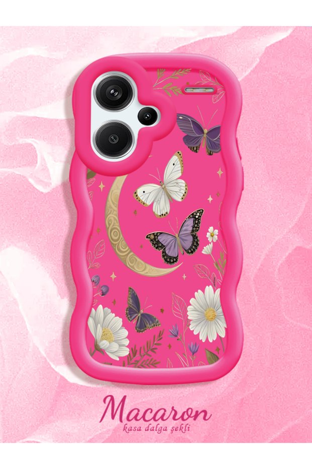 Redmi Note 13 Pro Plus+ 5g Compatible Wavy Frame Moon Butterfly and Flower Pattern Silicone Phone Case