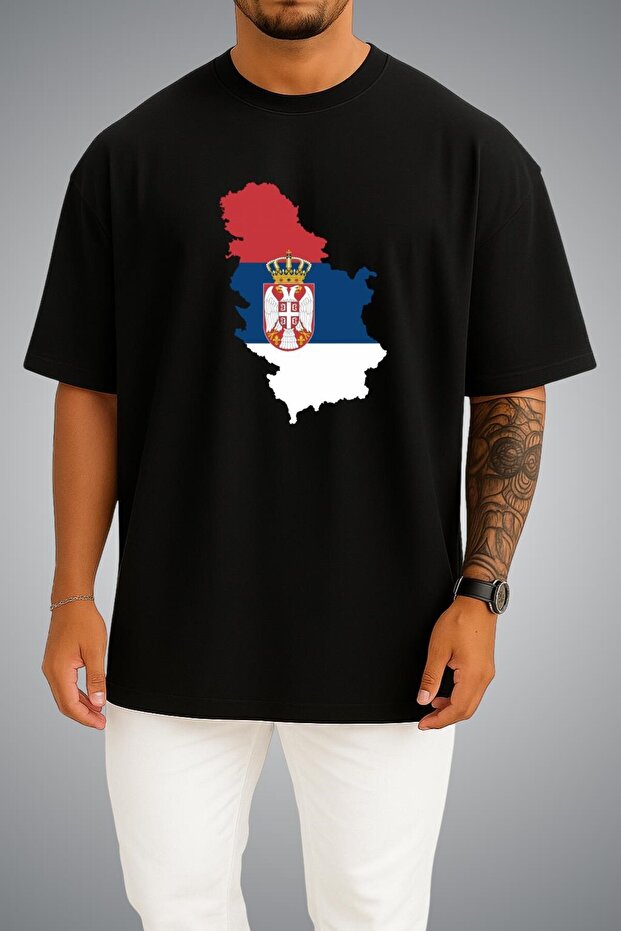 Oversize Serbia Flag and Map Chest Printed Unisex T-Shirt