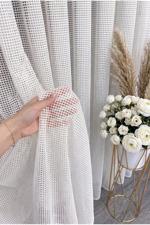 Ecru Mesh Knitted Tulle Curtain I Heavy Weight I 1/3 Dense Pleating I Wrinkle-Free I No Ironing Needed I Suitable for Any Room I Ready for the Cornice