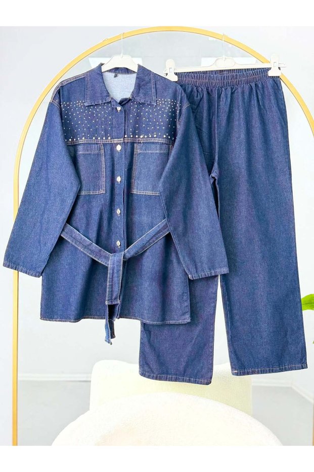 Women's Stone Detailed Belted Jeans Double Set Navy Blue