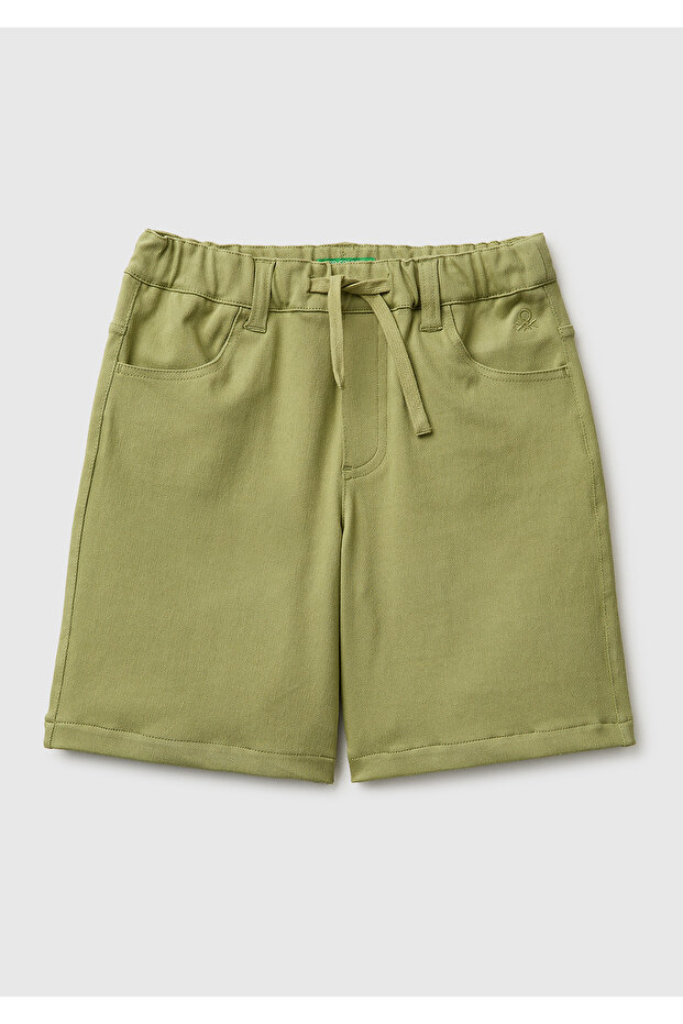Boys' Khaki Drawstring Waist Drawstring Pocket Logo Embroidered Bermuda Shorts