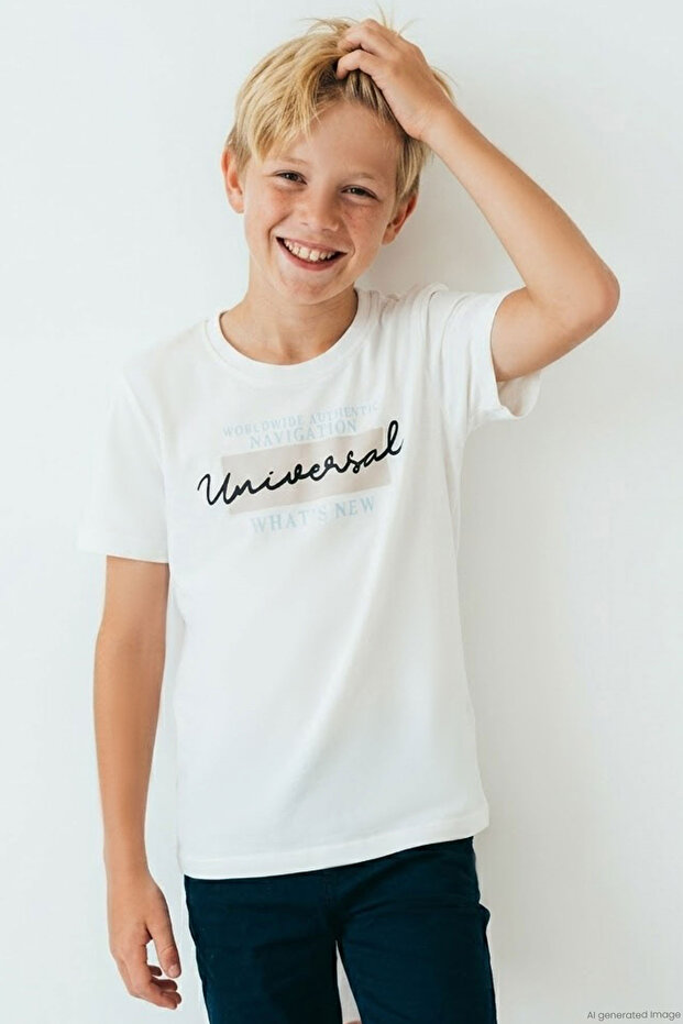 Boy's Short Sleeve T-Shirt with Colorful Text Print, Ages 9-14, Ecru