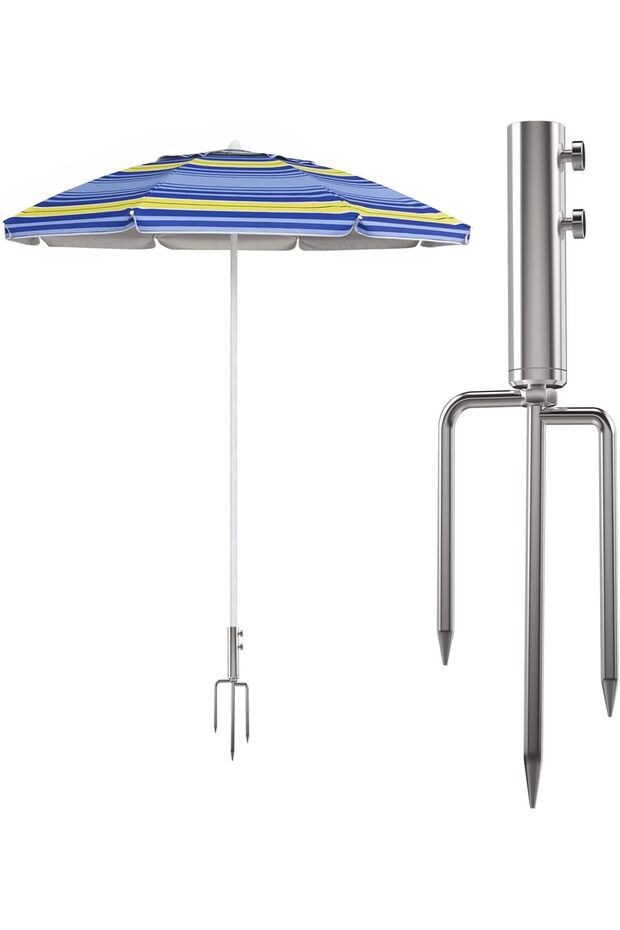 Parasol stand with ground anchor, detachable parasol stand for fishing, garden, beach (silver)
