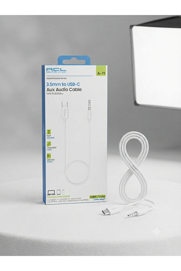 Aura Akse 1.2m / 3.28ft 3.5mm Jack to Usb-C Aux Audio Cable - White