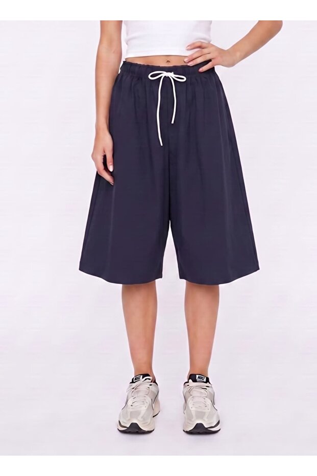 Women's Combed Cotton Relaxed Fit Jorts Bermuda Navy Blue Shorts - C915