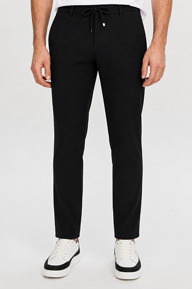 Men's Black Elastic Waist Lace-Up Slim Fit Fabric Trousers