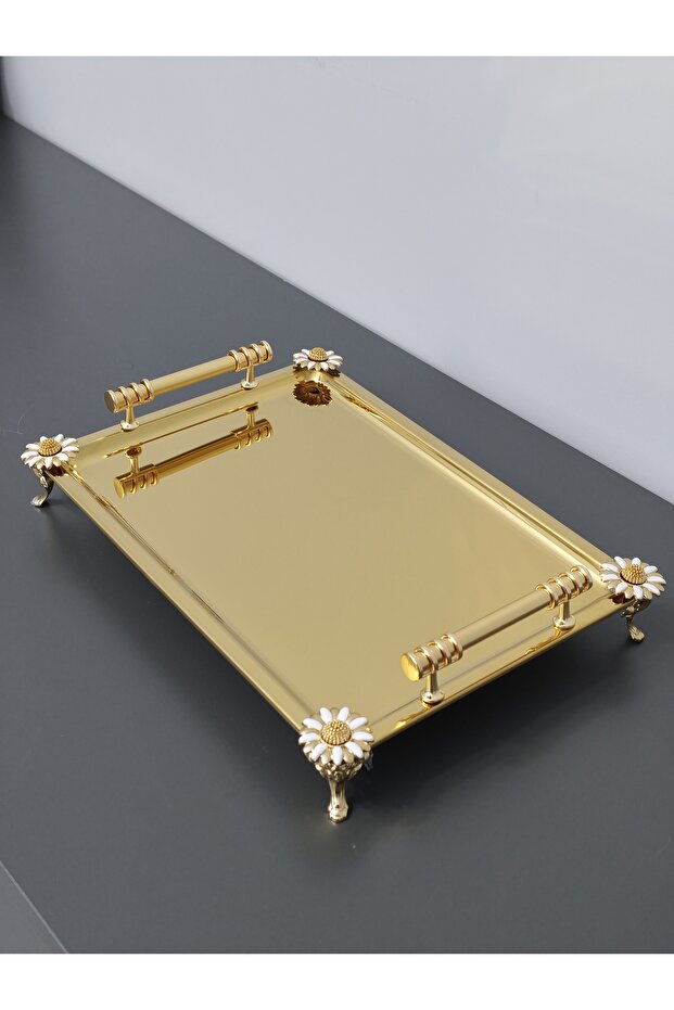 Figured, Metal Handle, Stainless Steel Rectangular Tray Luxury Presentation Tray Light Gold