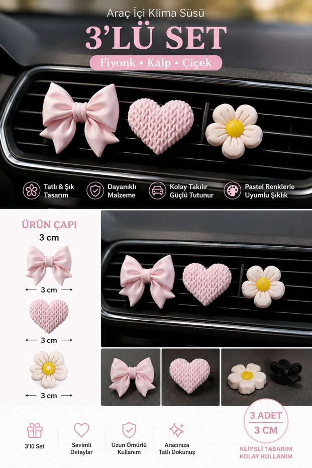 Powder Pink Car Air Conditioner Ornament, In-Car Air Conditioner Ornament Set of 3 – Bow, Heart, and Flower Car Air Conditioner Ornament