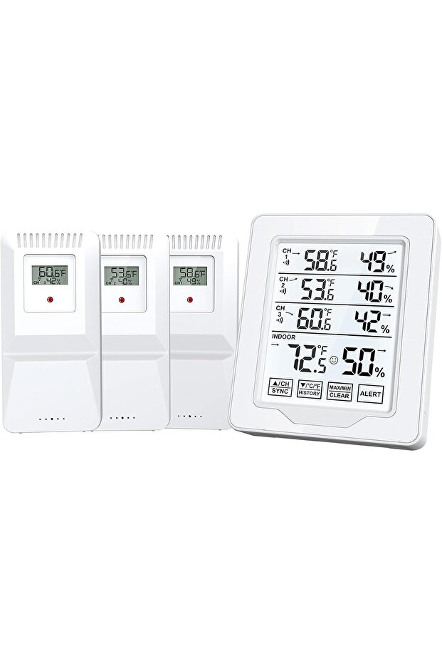 Indoor and Outdoor Temperature and Humidity Meter, 500 ft/150 m Range with 3 Remote Sensors and White Backlit Display