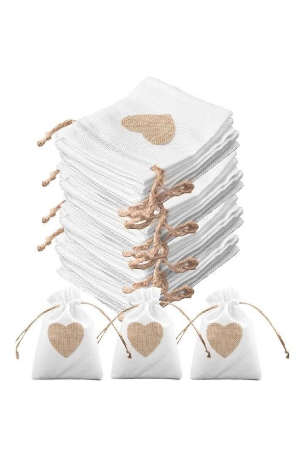 Pack Of 30 Heart-Shaped Linen Bags 10x14cm Suitable For Weddings Candy Gifts Baptisms Birthdays Christmas White