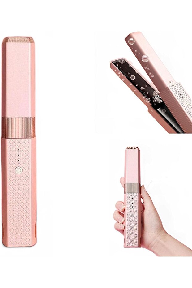 Mini Portable USB Rechargeable Cordless Hair Straightener & Curler (pink).