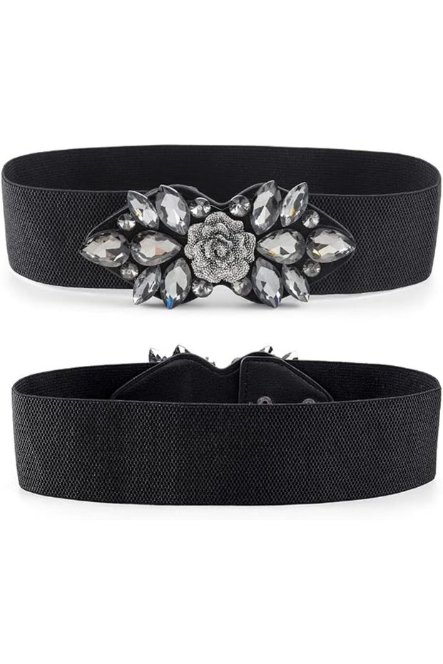 Rhinestone elastic belt, black crystal loose belt, floral tight belt for women, tight belt for formal wear