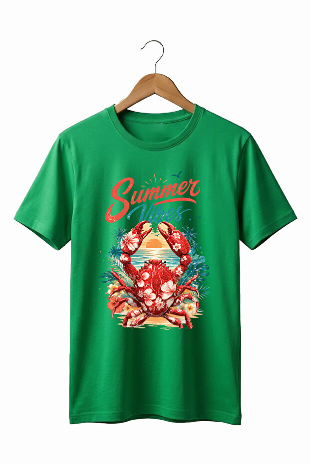 تي شيرت Summer Vibes مطبوع عليه سرطان البحر، مصنوع من القطن بنسبة 100%، ذو قصة عادية وياقة دائرية، تي شيرت أساسي
