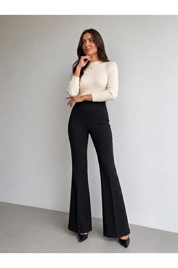 Women's Black High Waist Ribbed Stitched Spanish Flare Scuba Crepe Gathering Trousers