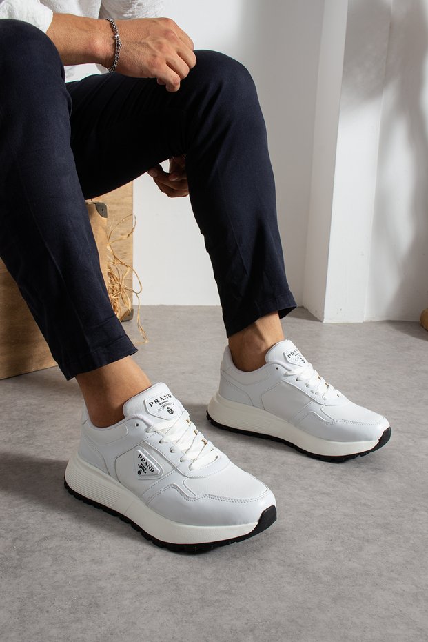 Prand Men's White Lace-Up Thick Threaded Non-Slip Sole Casual Sneaker Sports Shoes