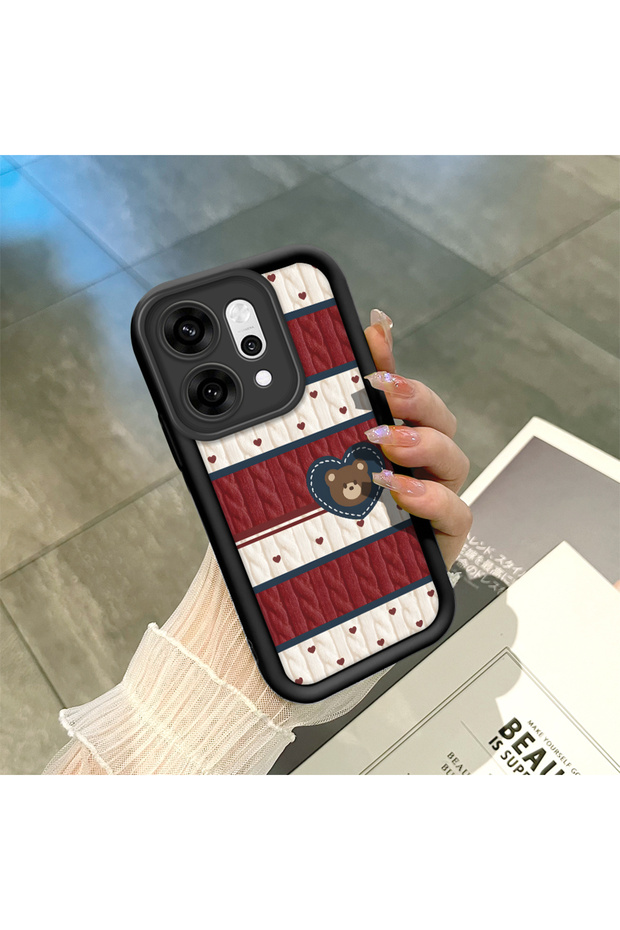 Oppo Reno14 Pro Compatible Cute Bear Protective Case, Mix of Plaid and Lines, Impact Blocking