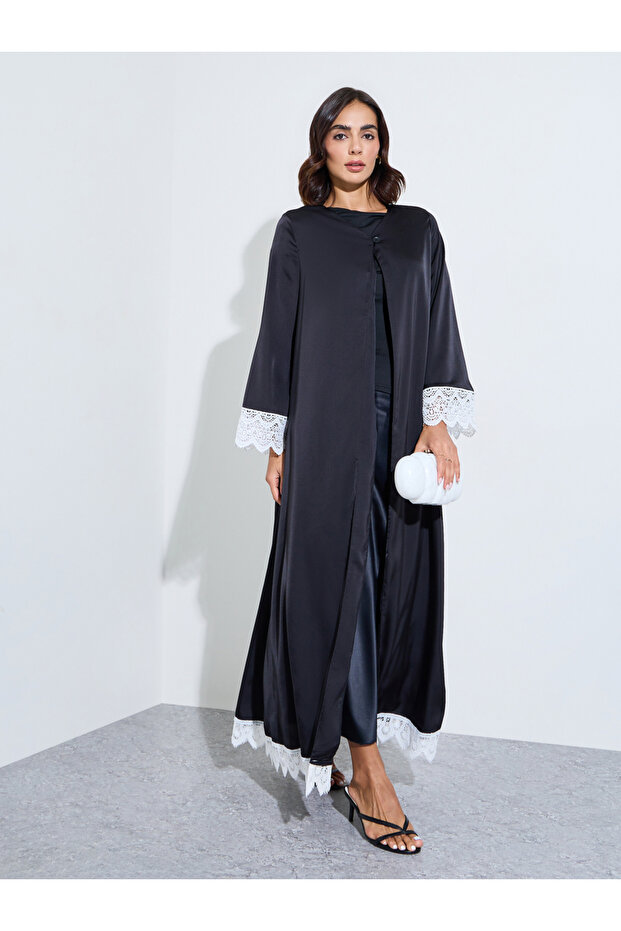 Black Solid Open Front Abaya with Delicate Lace Trim