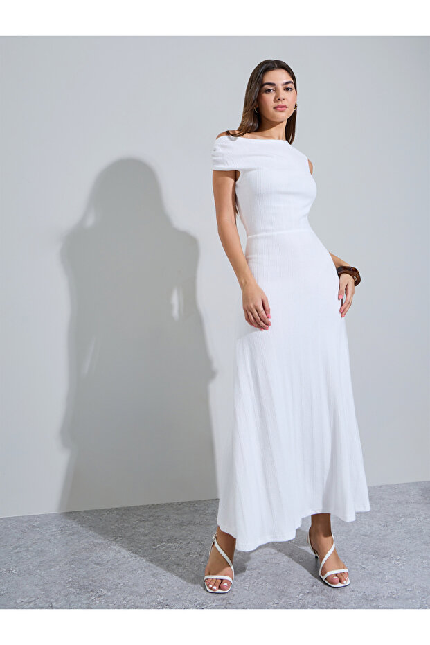 White Ribbed Knit A-Line Maxi Dress