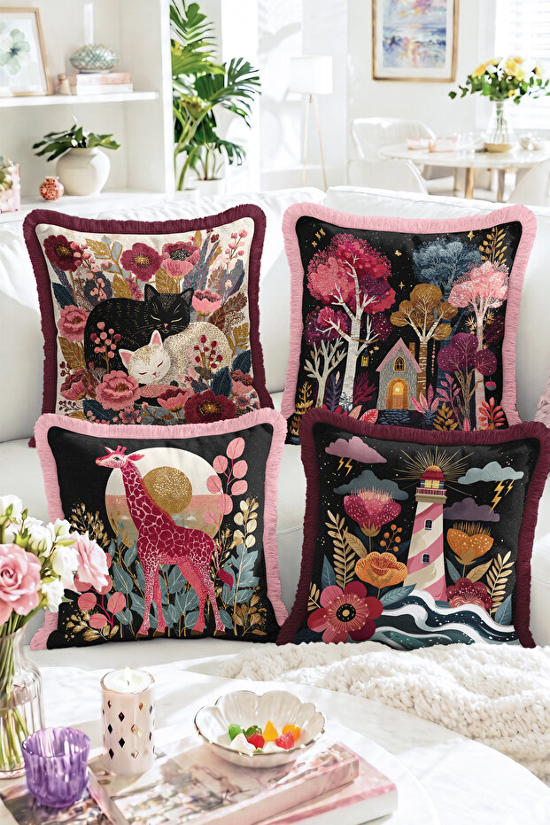 Cat, Giraffe, Lighthouse and Forest House Themed Set of 4 Fringed-Tasseled Throw Pillow Covers