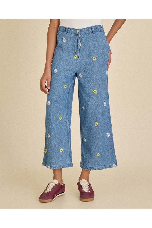 Senior Girls Blue Floral Embroidered Denim Jeans