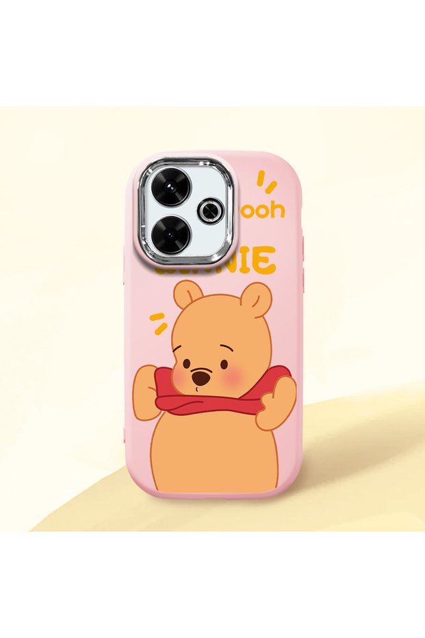 Redmi 13 Compatible Case Camera Protector Pink Silicone Couple Phone Case with Bear Pattern