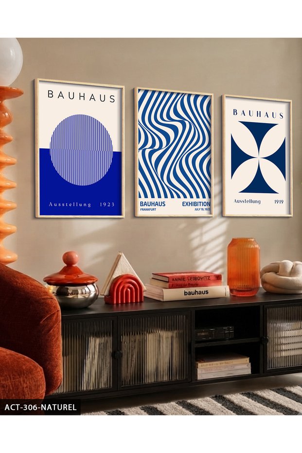 Blue Bauhaus 3 Piece Wooden Framed Painting Act