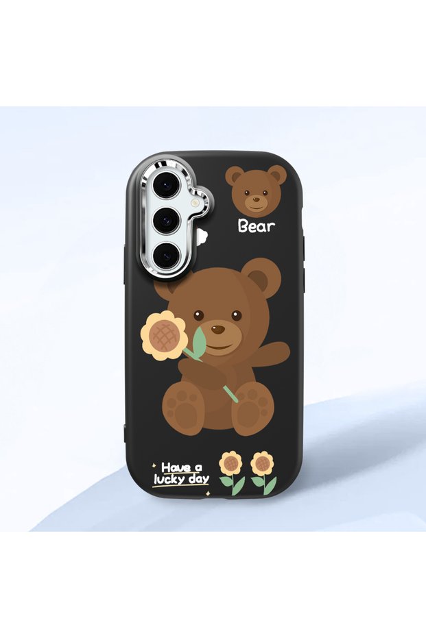 Samsung Galaxy S24 Fe Compatible Case Camera Protector Black Silicone Couple Phone Case Bear Pattern