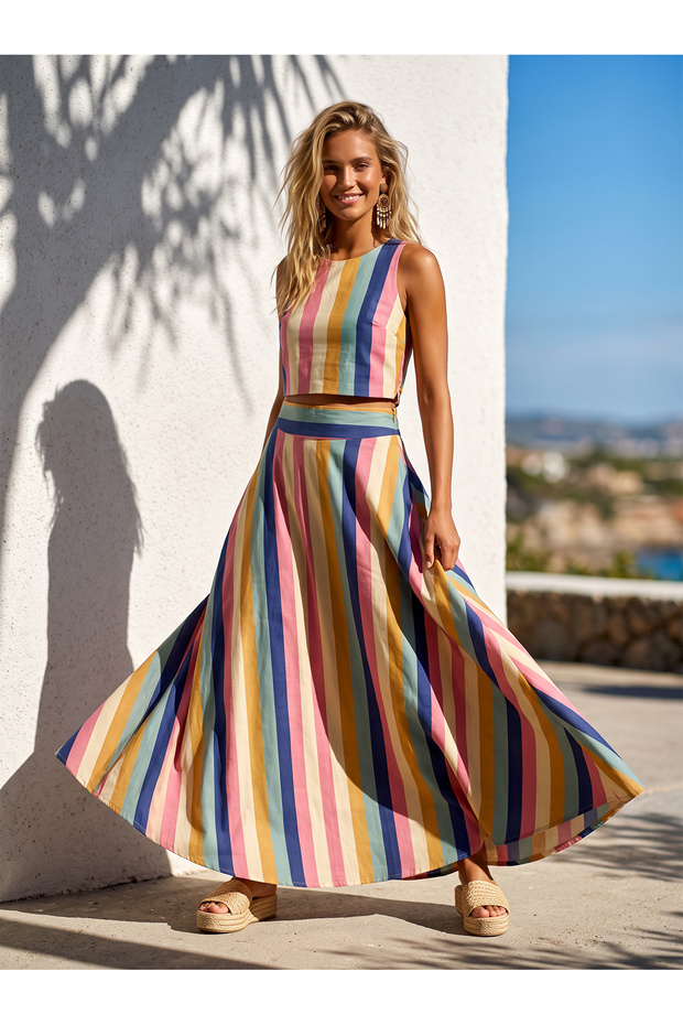 Colorful Thick Striped Maxi Skirt and Sleeveless Crop Blouse Set