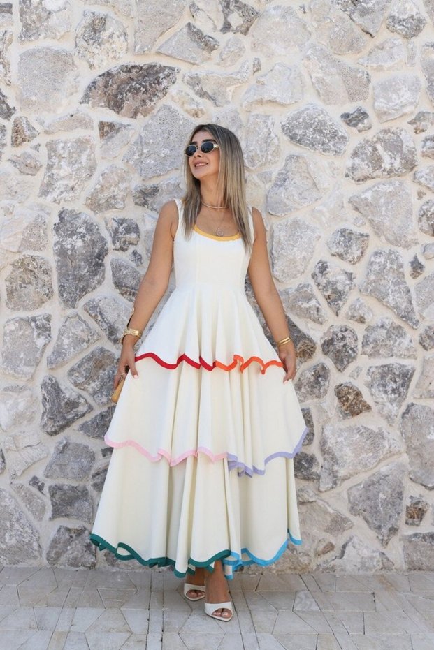 Beige Color Blocky Dress with Piping Detail and Thick Straps