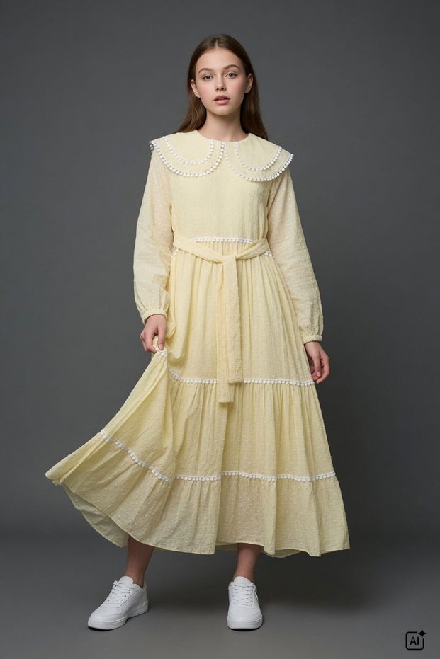 Yellow Girls' Lace Detailed Double Collar Polka Dot Long Dress 24756