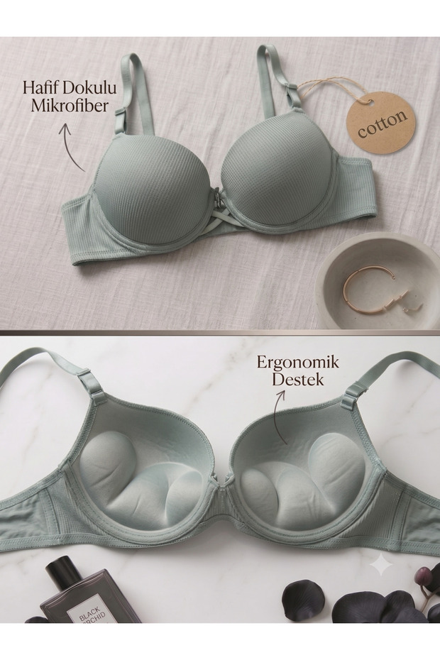 Ultra Push-Up Padded Dobby Mint Green Mink Underwire Silicone Micro Fabric Supported Bra