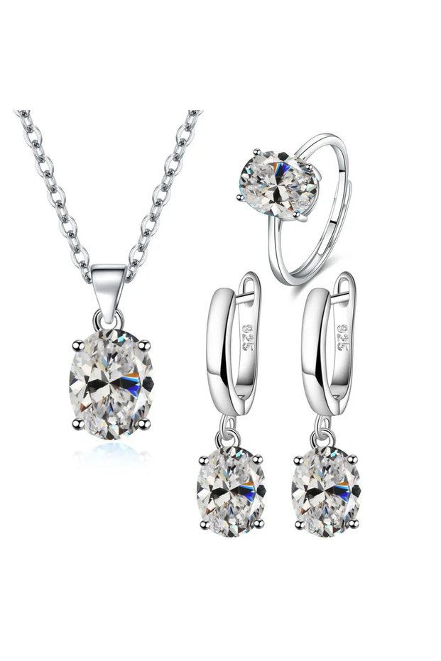 WHITE 925 Sterling Silver Jewelry Sets For Women Ellipse Zircon Ring Necklace Earrings Luxury Access