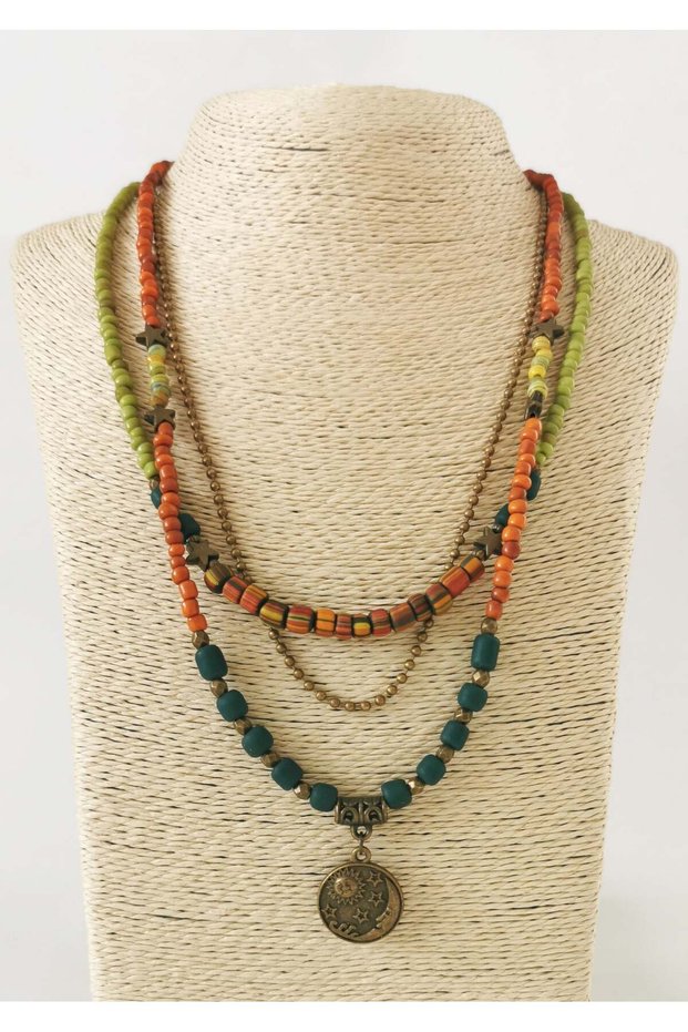 Multiple Strand Ethnic Bohemian Necklace with Natural Stones and Brass Detailing