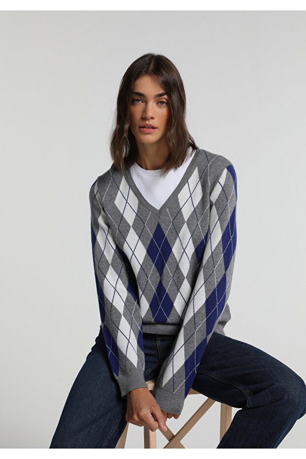 Regular Fit V-Neck Jacquard Women's Gray Sweater
