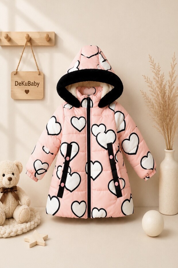New Cute Heart Printed Furry Pocket Hooded Winter Plush Inside Inflatable Coat for Baby Girls