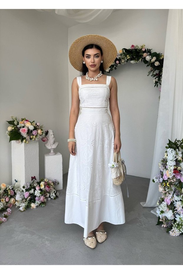 Women's White Midi Dress with Square Collar, Straps, Scallop Embroidery, and Gathered Back Detail