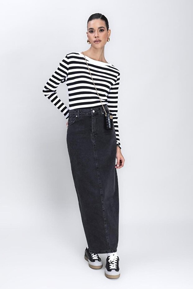 Women's Black Long Denim Pencil Skirt with Back Slit, Pockets and Button Detail