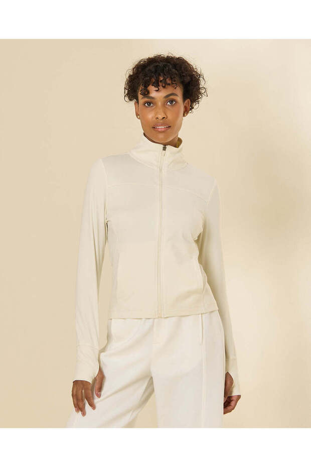 Women Beige Zip Through Active Sweatshirt