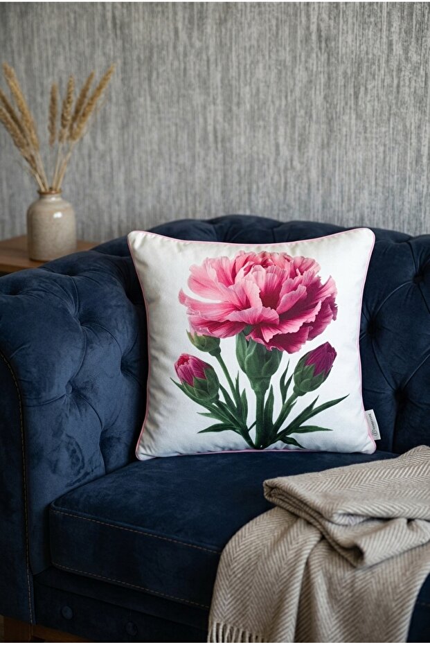 Pink Carnation Patterned Decorative Throw Pillow Cover with Piping Detail Modern Living Room Pillowcase