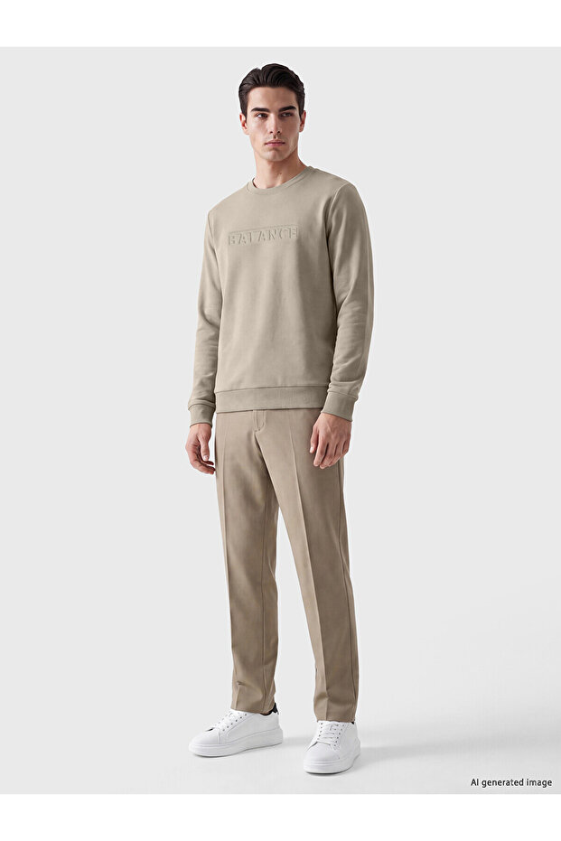 Lcwaikiki Classic Beige Crew Neck Embossed Printed Men's Sweatshirt
