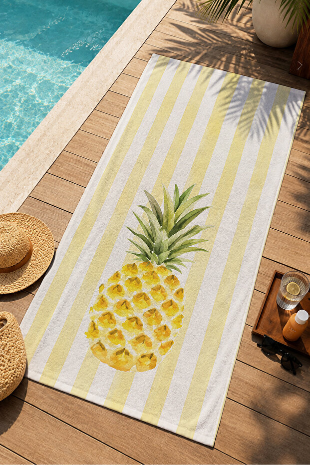 Pastel Yellow Striped Pineapple Tropical Summer Patterned 70X150 Beach Towel - Cotton Bath Towel
