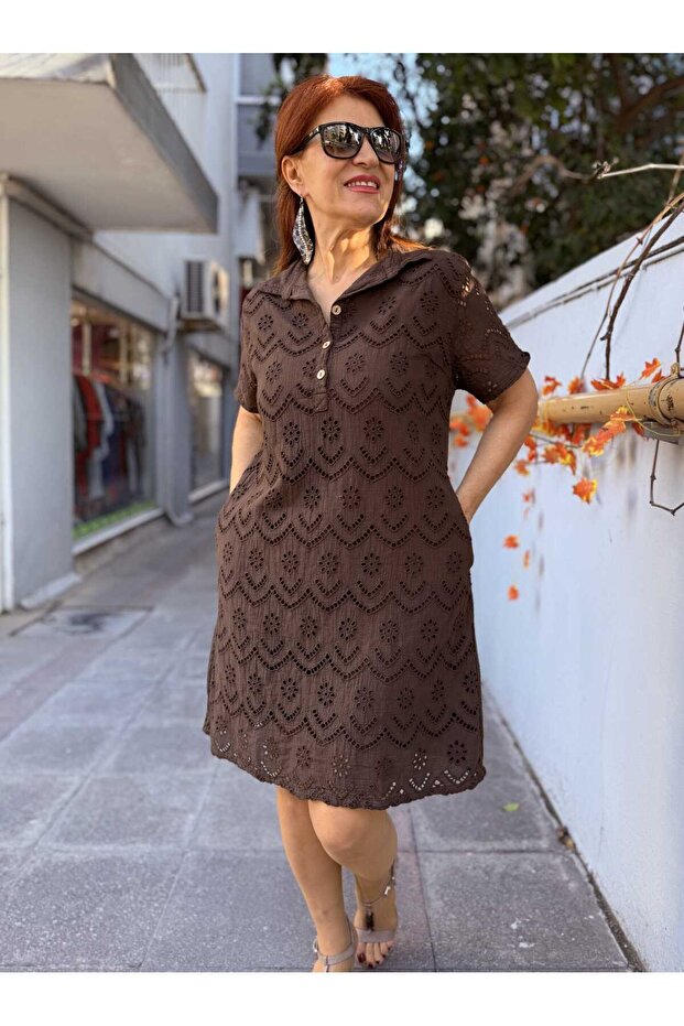 Embroidered Midi Dress Brown